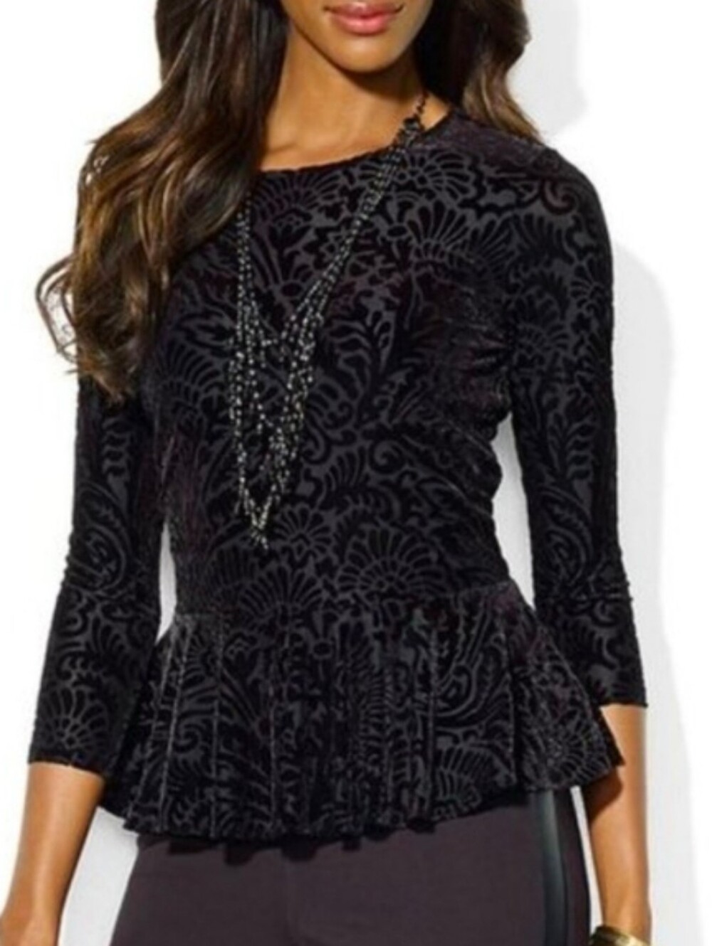 LAUREN RALPH LAUREN | Tonal Black Burnout‎ Velvet Peplum Whimsigoth Top | XL - Picture 9 of 9